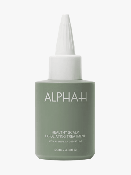 Alpha-H Healthy Scalp Exfoliating Treatment in branded bottle component on a light gray background