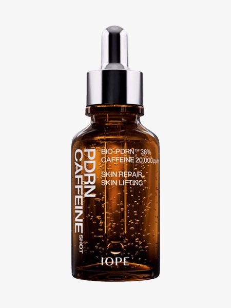 Iope PDRN Caffeine Shot Serum in branded dropper component on a light gray background